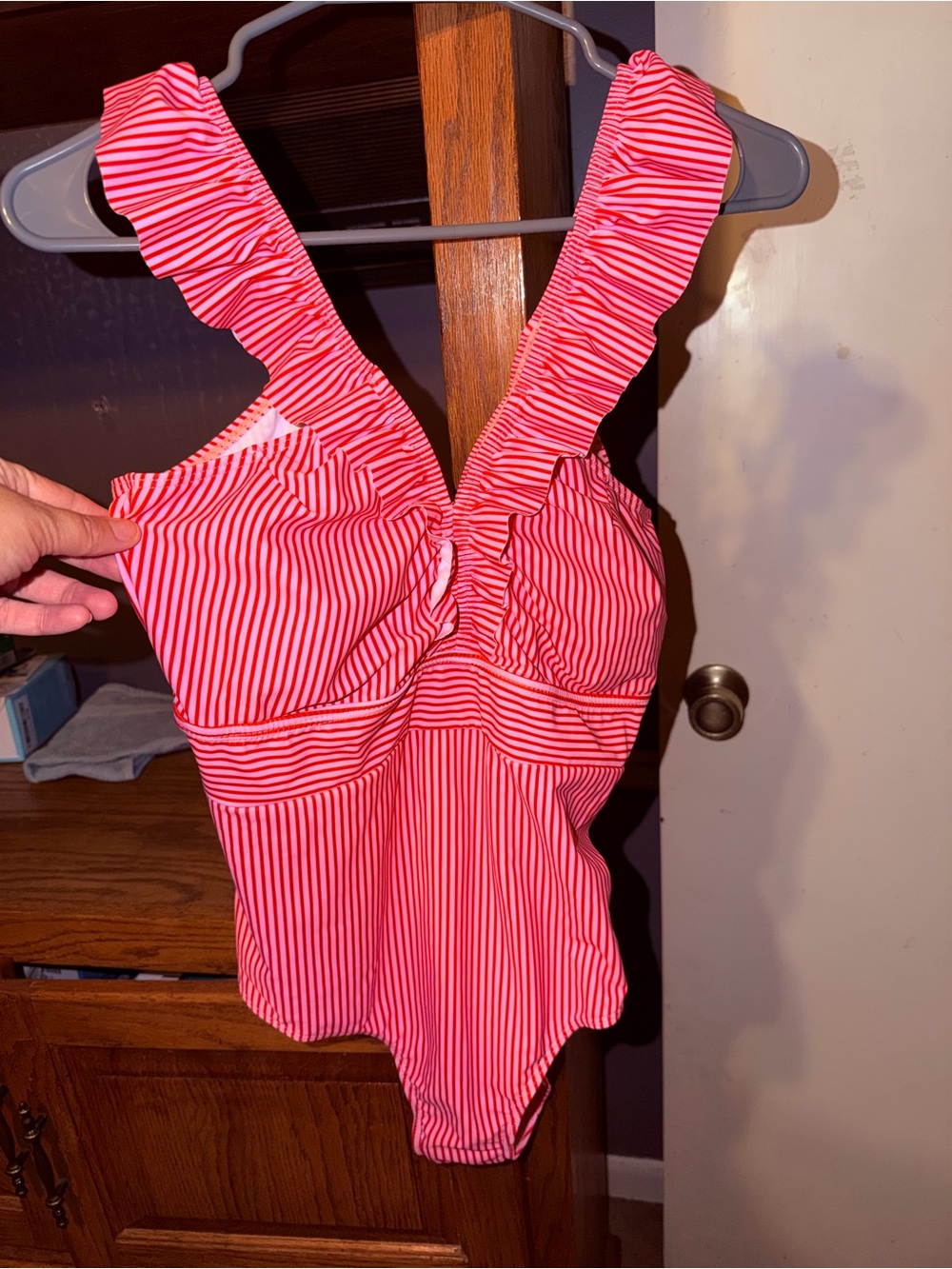 Pink Stripe One-Piece Swimsuit with Ruffle Straps, size L